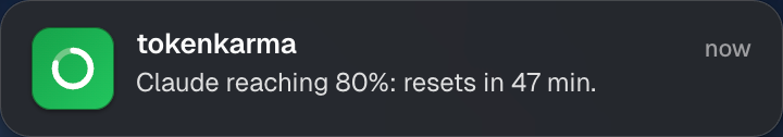 macOS notification banner from tokenkarma warning that the Claude session is approaching its cap.
