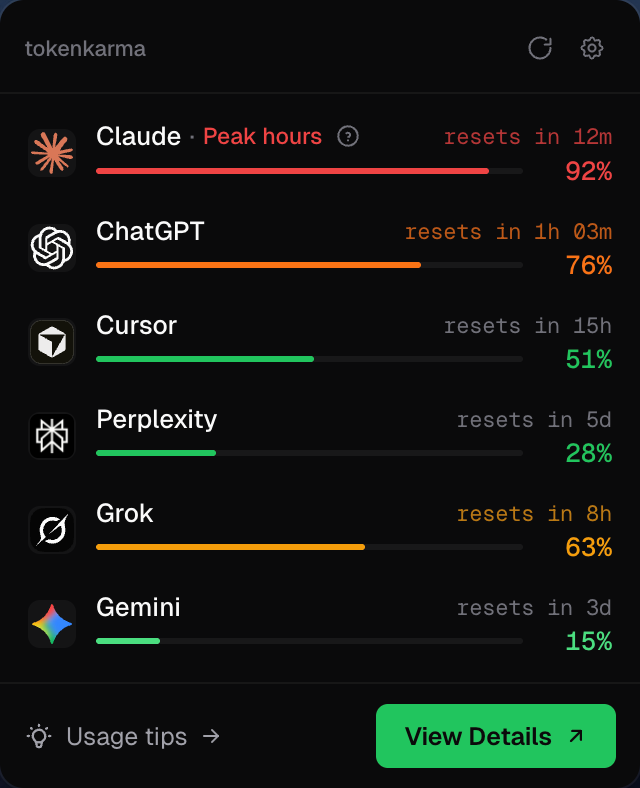 tokenkarma menu-bar dropdown showing usage bars for every connected AI provider in a nominal state.