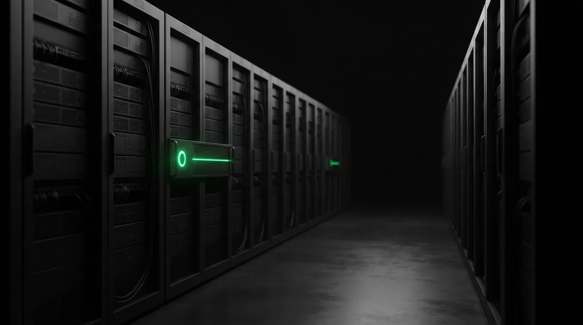 A dark server-rack aisle with a single rack panel glowing emerald