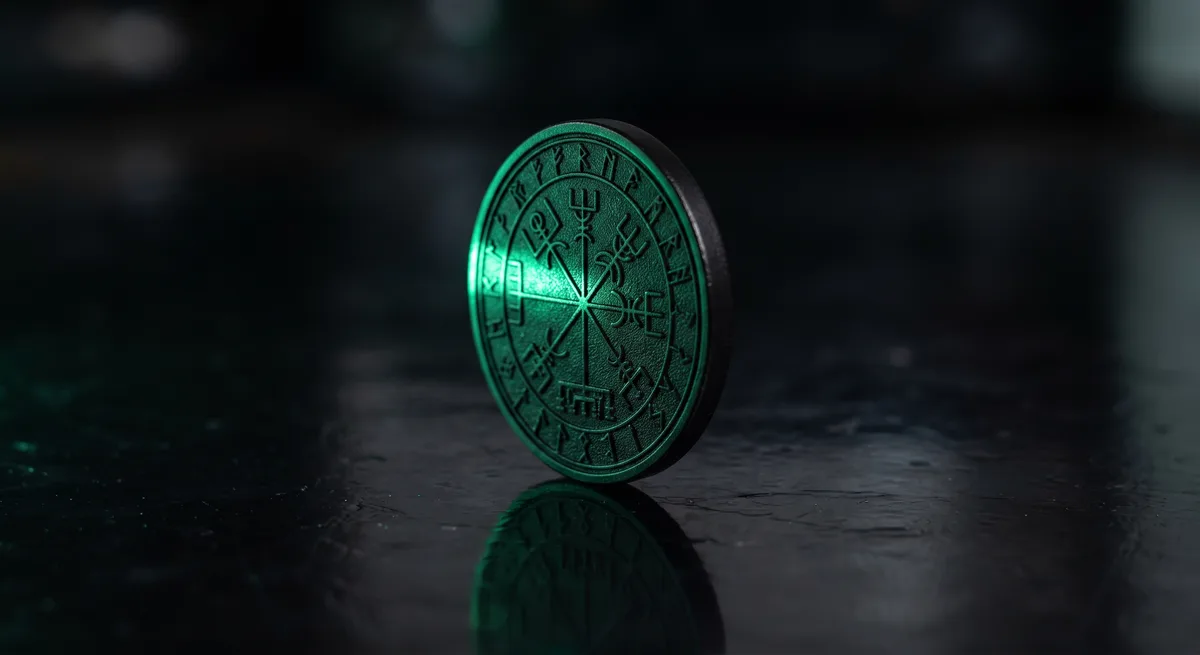 Archetype 8 (cinematic product shot): A single matte-black coin standing on edge on a dark reflective surface, emerald green light raking across its face from the left, negative space dominating the frame