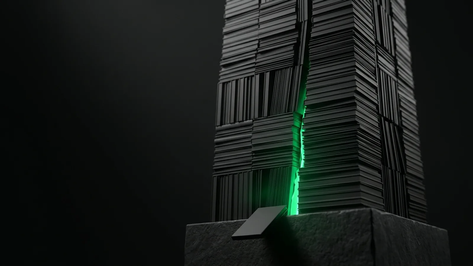 A towering dark monolith of stacked matte-black slabs with a single vivid emerald fissure glowing at its base