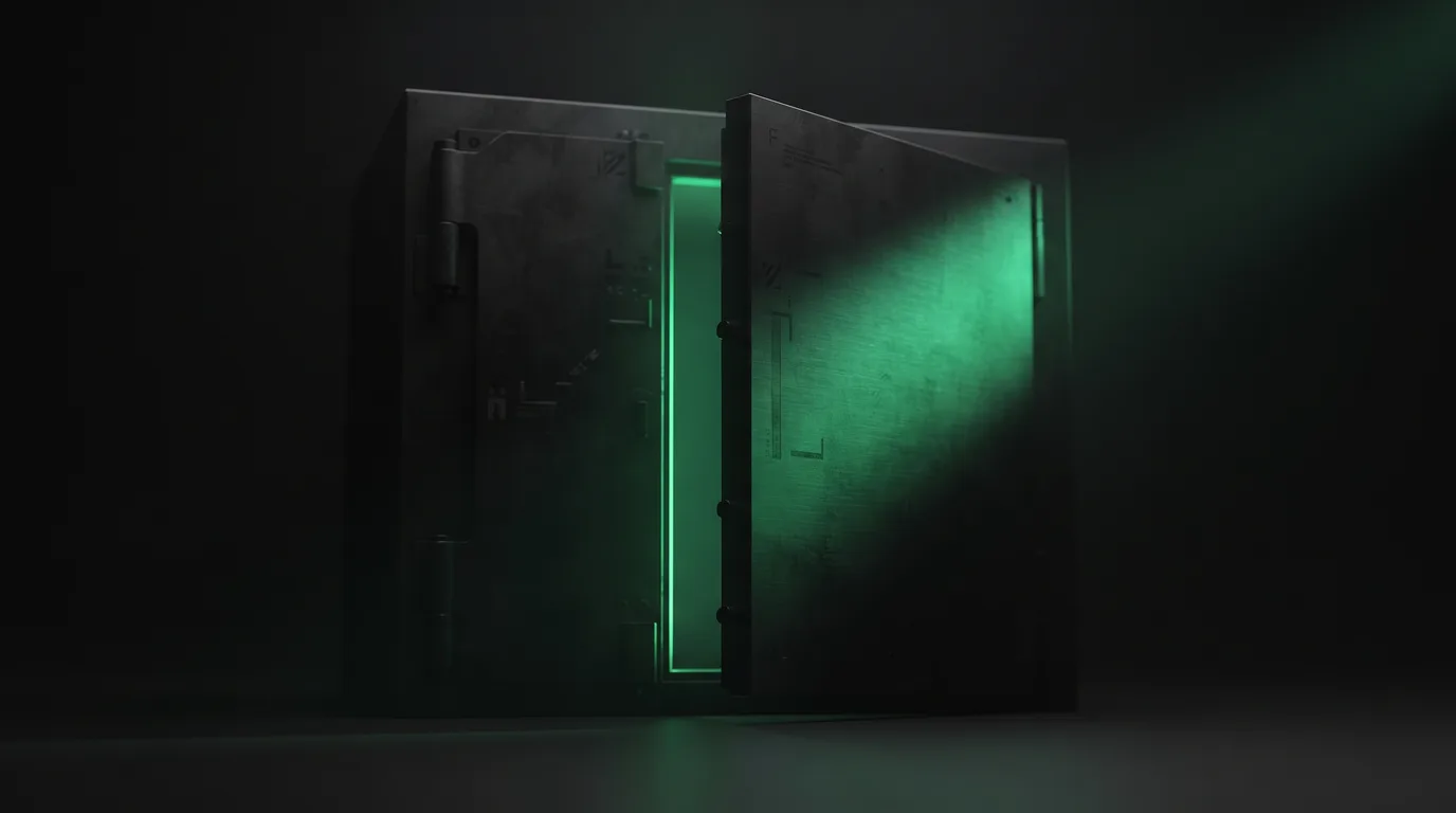 An extreme macro of a matte-black vault door standing ajar with emerald light spilling through the gap, about Anthropic's hold on access and capacity