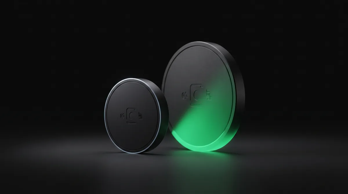 A cinematic product shot of two matte-black discs on a dark surface, the taller disc glowing emerald from beneath