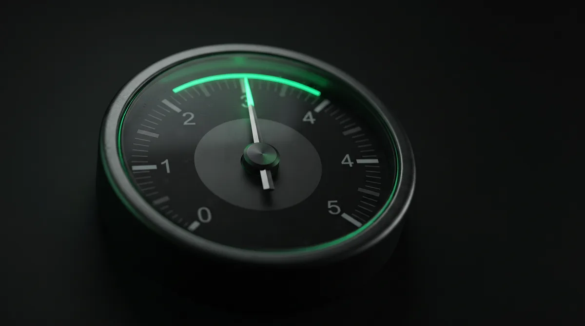 A macro view of a matte-black gauge dial with an emerald needle tip at maximum