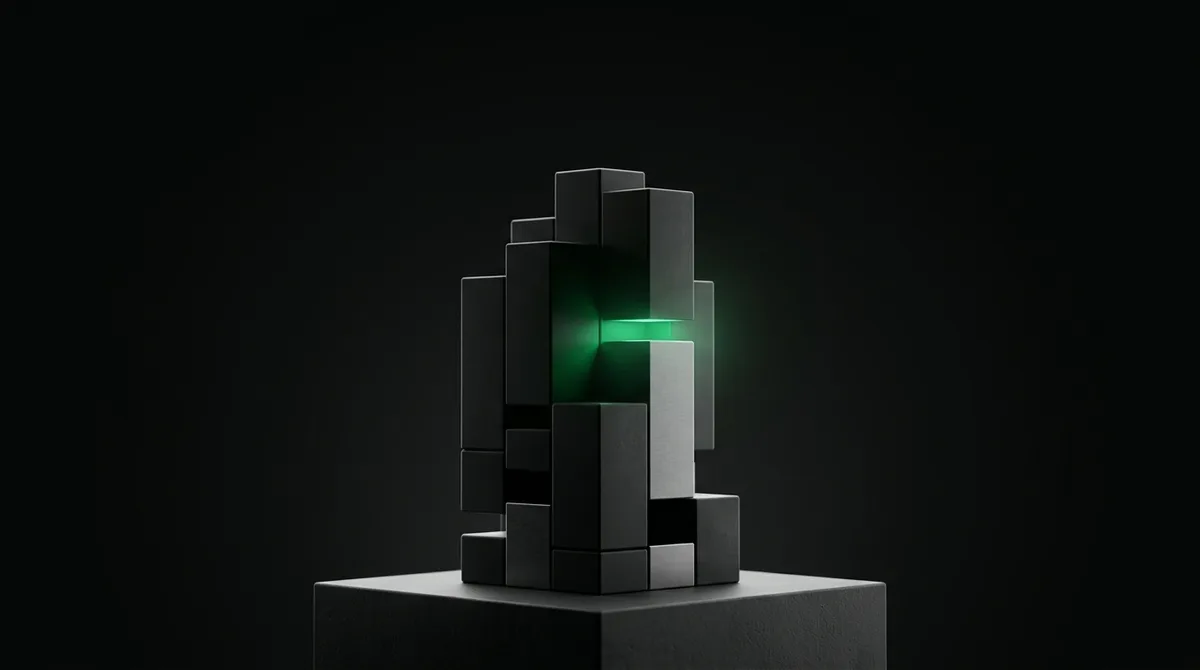 A stack of matte-black blocks with one glowing emerald gap, illustrating a tier removed from the capacity stack