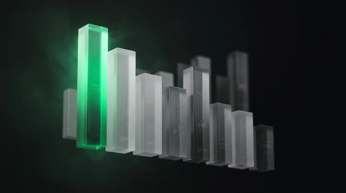 A floating row of frosted glass bars of descending height with one tall emerald bar glowing, illustrating usage tier allocation