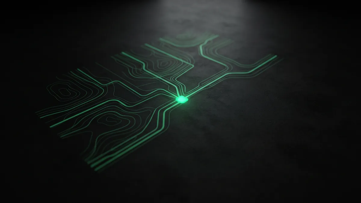 A schematic flow converging into a single glowing node