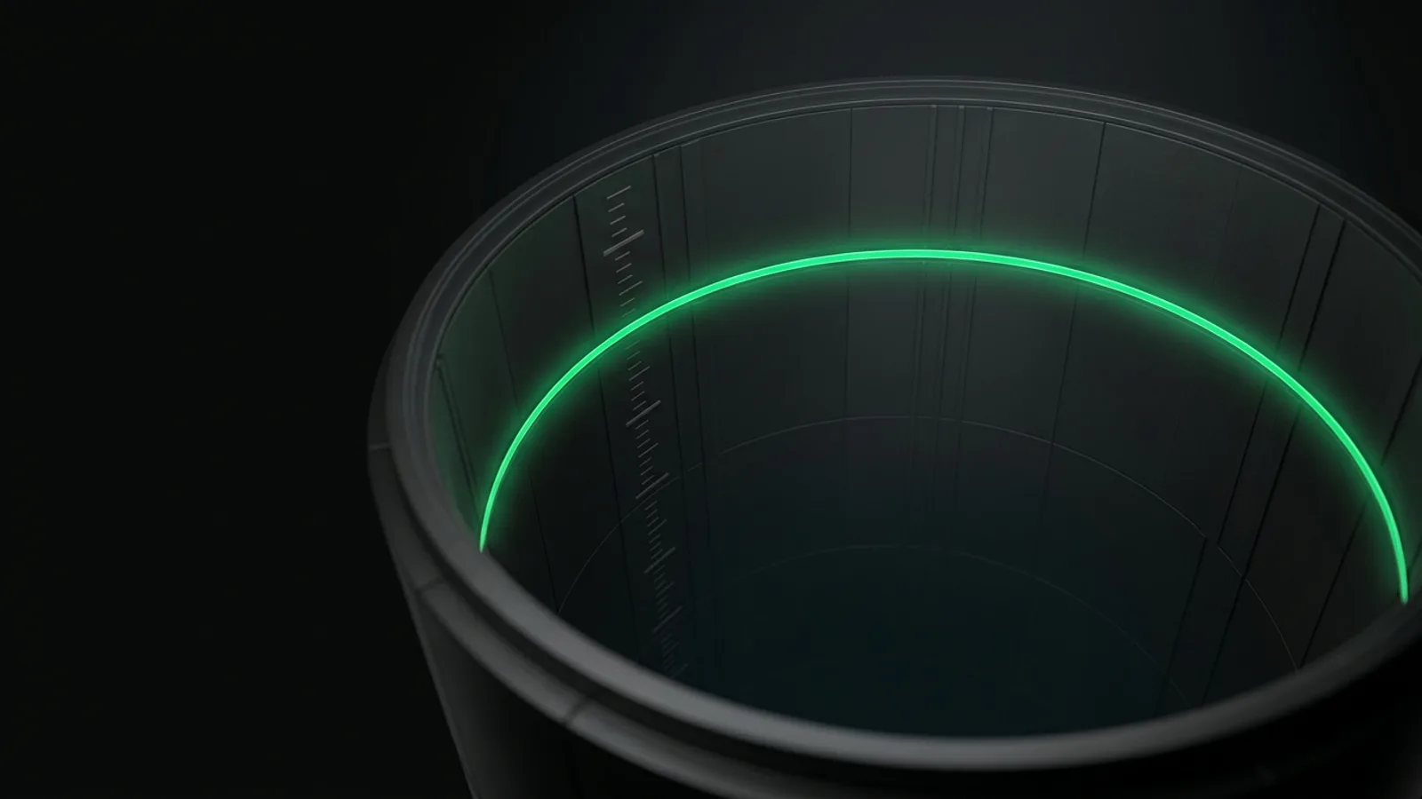 Archetype 7 (vault / container / tunnel): a tall dark cylindrical vault with matte-black paneling, a single vivid emerald green #22c55e level line glowing near the top marking a newly raised permanent capacity ceiling, everything else strictly grayscale, no text, no people