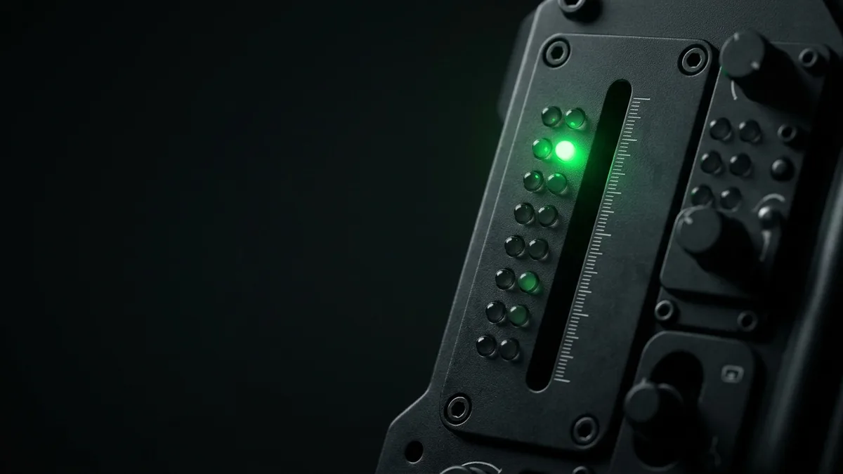 Archetype 9 (mechanical / industrial close-up): extreme macro of a matte-black mechanical gauge register with a dense cluster of small status LEDs, one high-position indicator glowing a strong vivid emerald green #22c55e marking a temporary elevated level while a second slightly lower LED glows dimmer emerald marking where the level settles permanently, everything else strictly grayscale matte-black metal, no text, no people