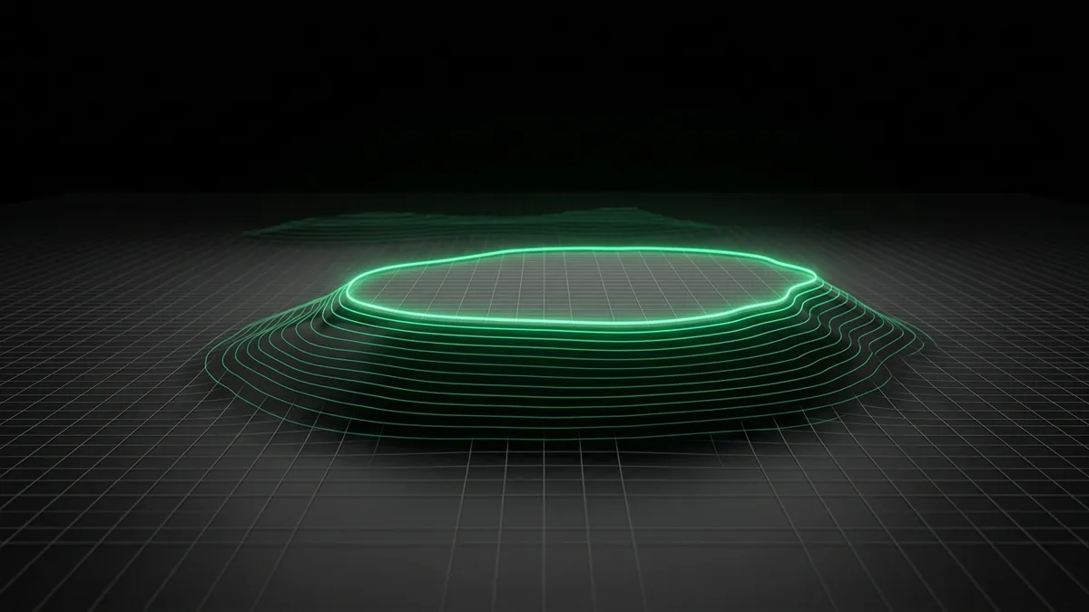 Archetype 5 (topographic / 3D landscape): an infinite dark grid plane extending to a black horizon with holographic emerald green #22c55e wireframe contour lines rising into a broad elevated plateau, the tallest contour ring at the plateau edge glowing emerald marking a raised permanent capacity level, everything else strictly grayscale, no text, no people