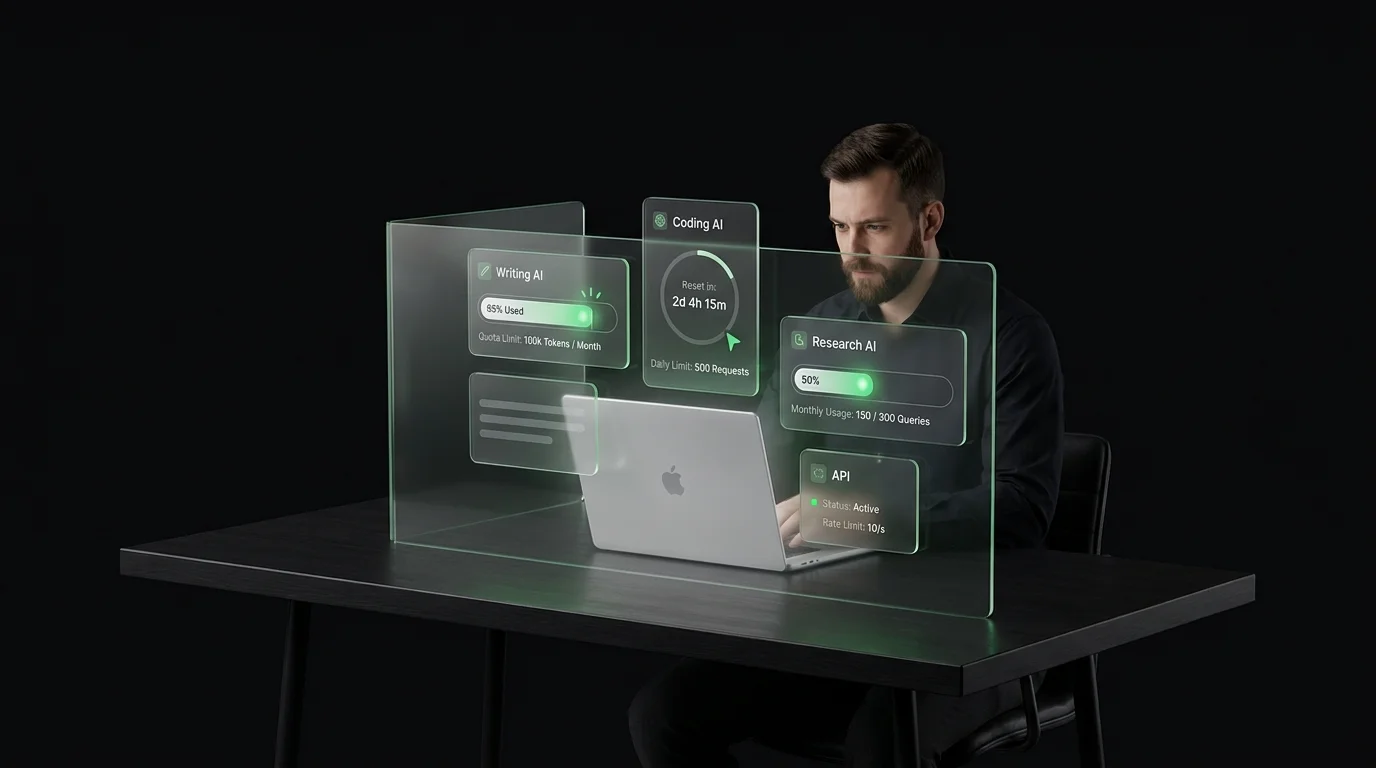 A heavy AI user surrounded by floating quota panels for every tool he pays for, showing how invisible usage walls hover around every workflow.
