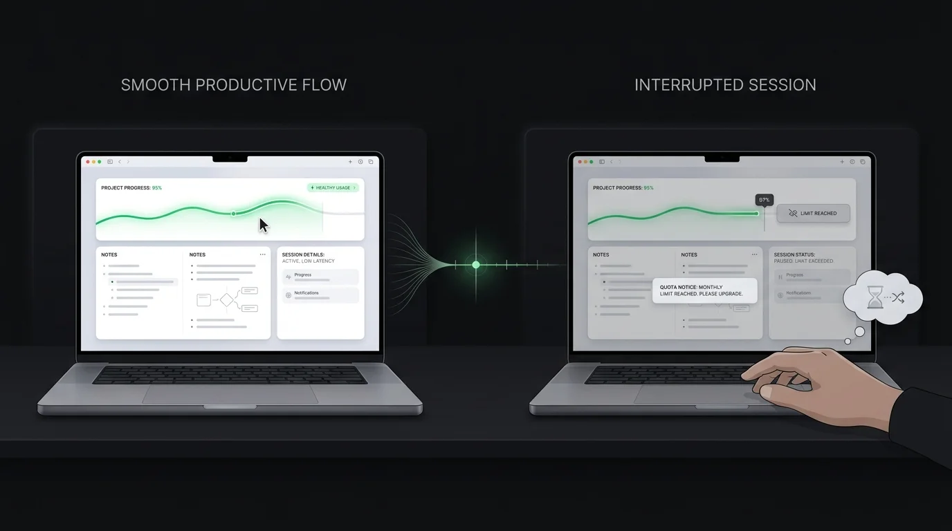Two laptops side by side: one in a smooth productive flow, the other interrupted at 97% with a frustrated user — illustrating the cost of hitting a usage cap mid-session.