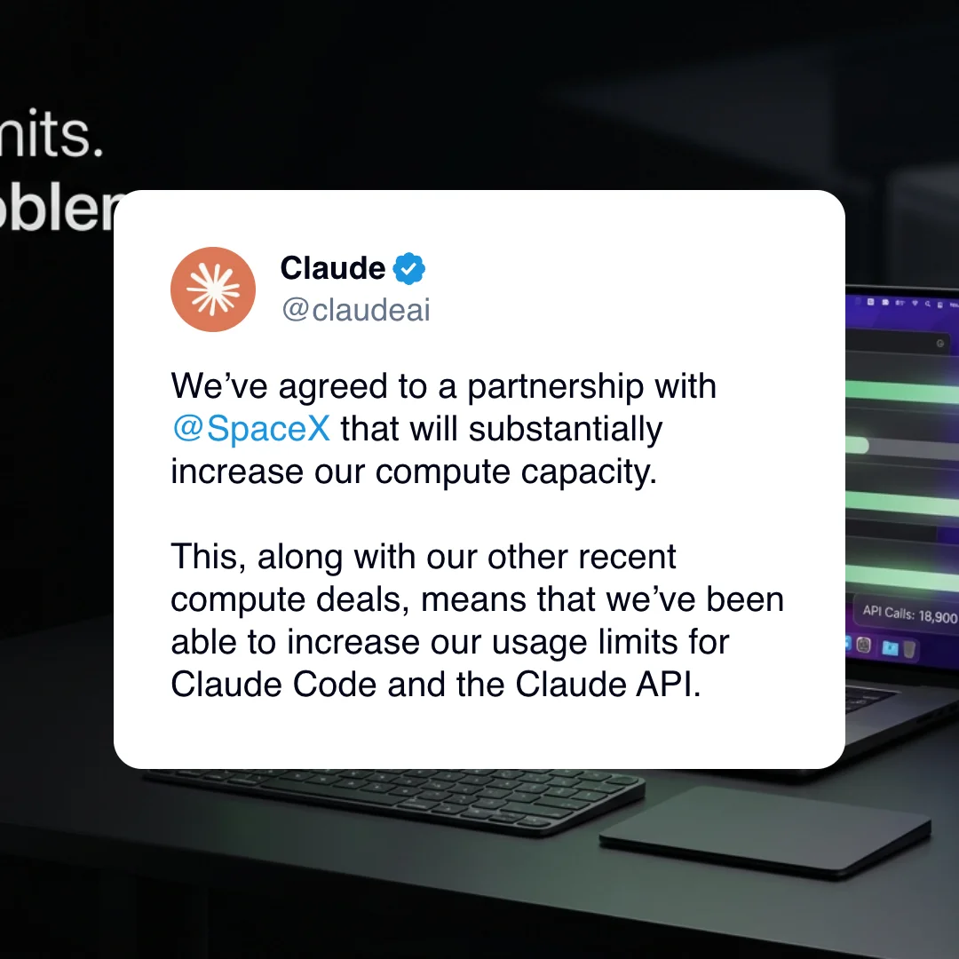 Claude on X announcing the SpaceX partnership: "We've agreed to a partnership with @SpaceX that will substantially increase our compute capacity. This, along with our other recent compute deals, means that we've been able to increase our usage limits for Claude Code and the Claude API."