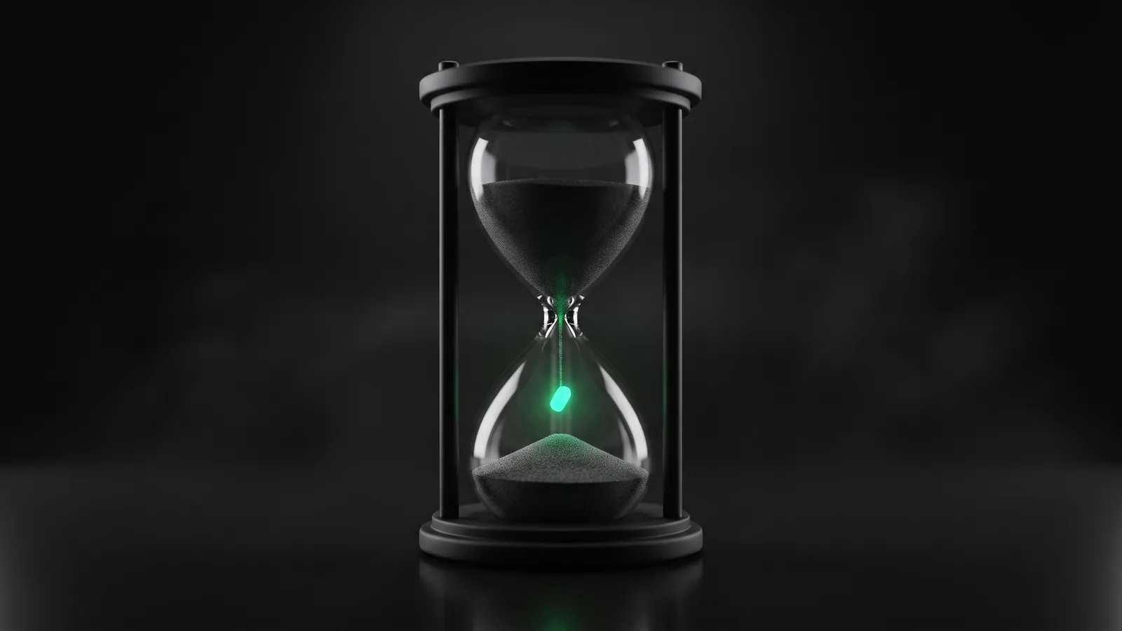 Macro of a matte black hourglass on a dark surface with an emerald green grain of sand mid fall