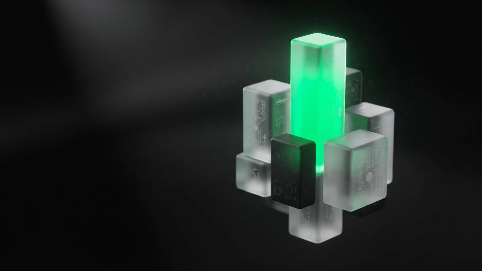 A floating vertical stack of frosted glass blocks of varying heights in a dark void, the tallest block glowing emerald from within