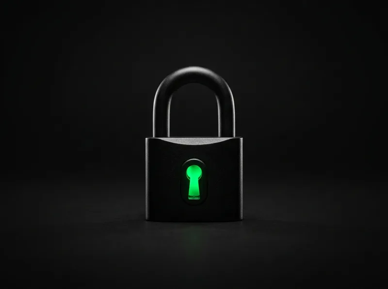 A matte-black padlock with an emerald green glow in its keyhole, symbolizing data protection