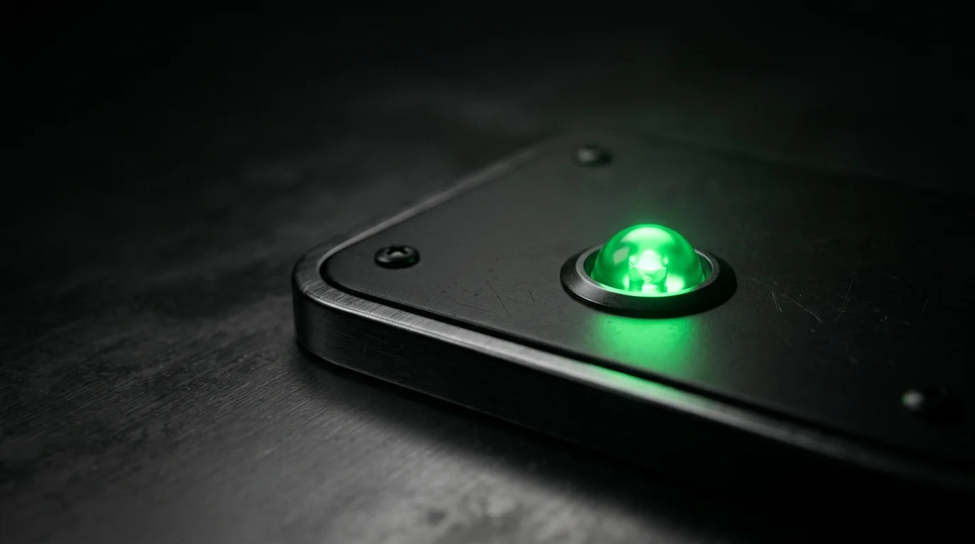 Macro shot of a single matte-black status light glowing emerald green