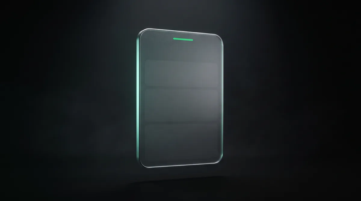 A tall frosted-glass reasoning panel floating in a dark void, its inner body almost entirely empty with a single thin emerald line at the top and a vast hollow blank space below