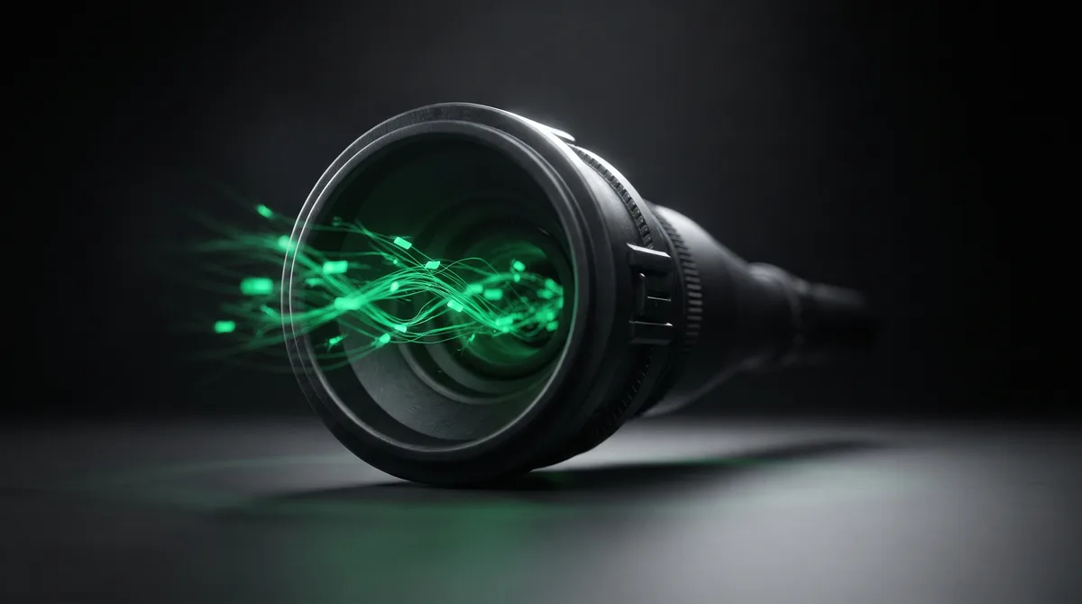 A matte-black data conduit on a dark surface where vivid emerald packets stream into the wide mouth but the narrow outlet stays pitch black, only a faint green echo halo washing across the surface
