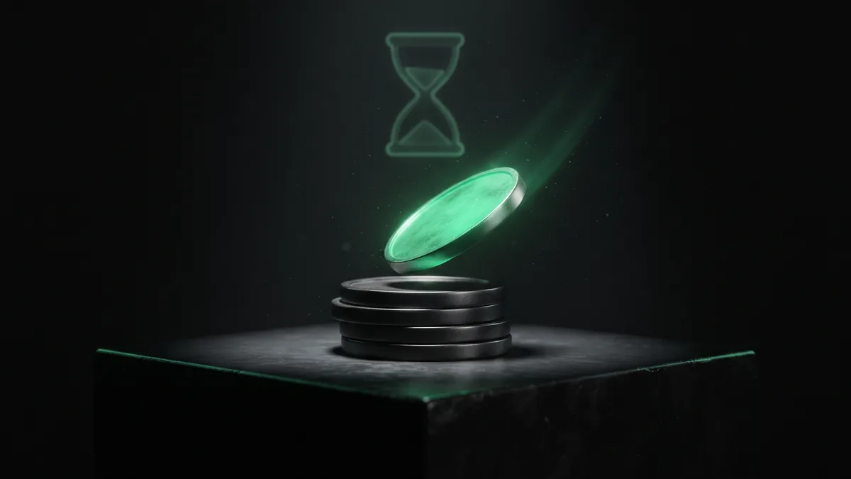 A single emerald glowing reset token drifting away from a stack of grayscale tokens, a faint hourglass contour above