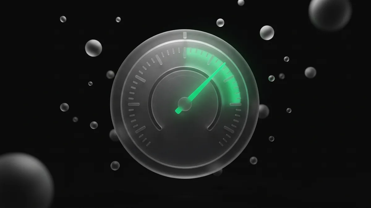 A large frosted-glass gauge dial in a dark void, a single emerald needle sweeping near the limit line, grayscale ticks