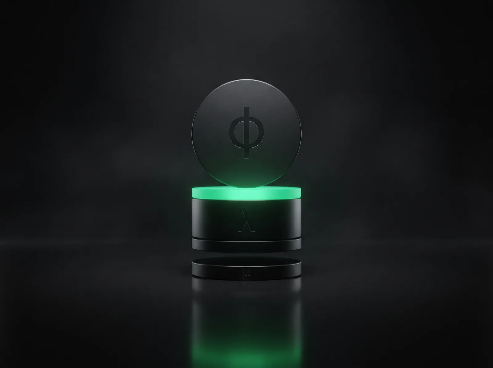 A stack of matte-black discs of rising height, the tallest glowing emerald, representing rising DeepSeek costs