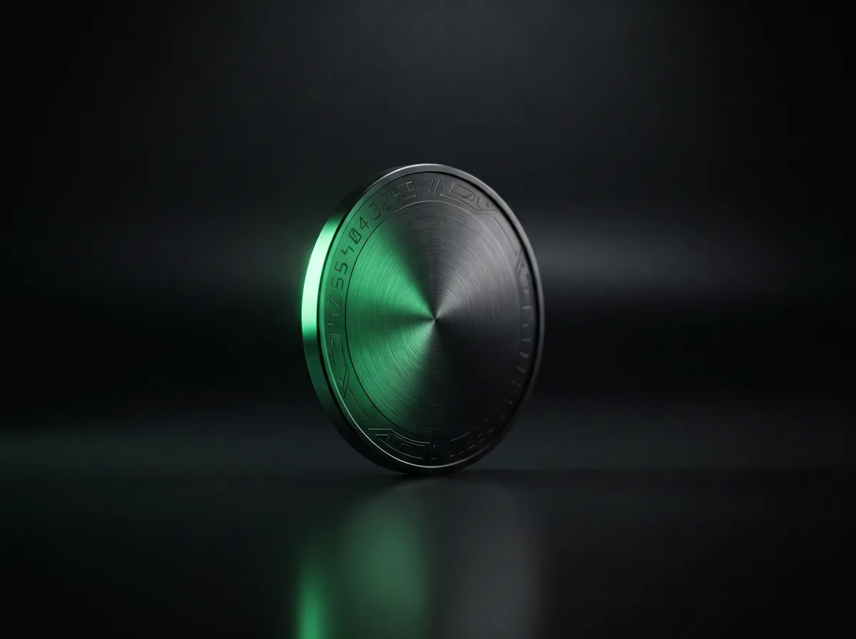 A matte black token disc standing on edge, raked by emerald green light