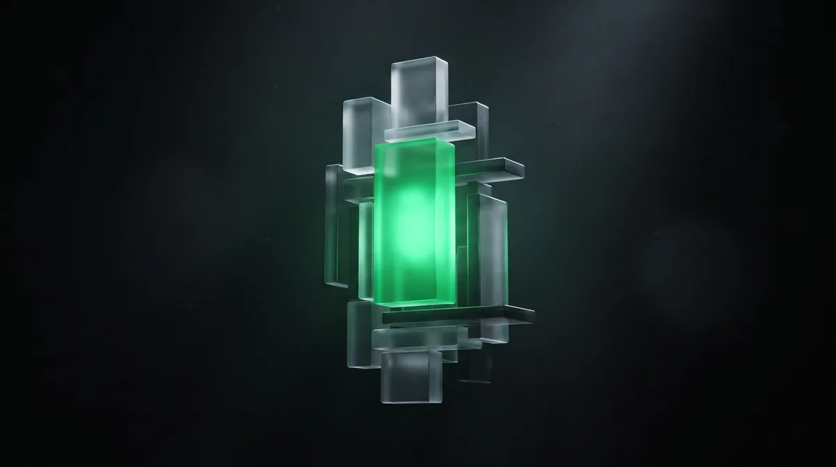 A floating stack of frosted glass blocks in a dark void, the tallest glowing emerald green