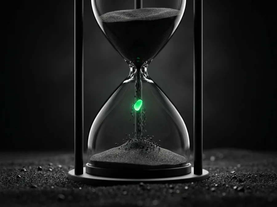 Extreme macro of a matte-black hourglass with a single emerald grain falling, representing one output token