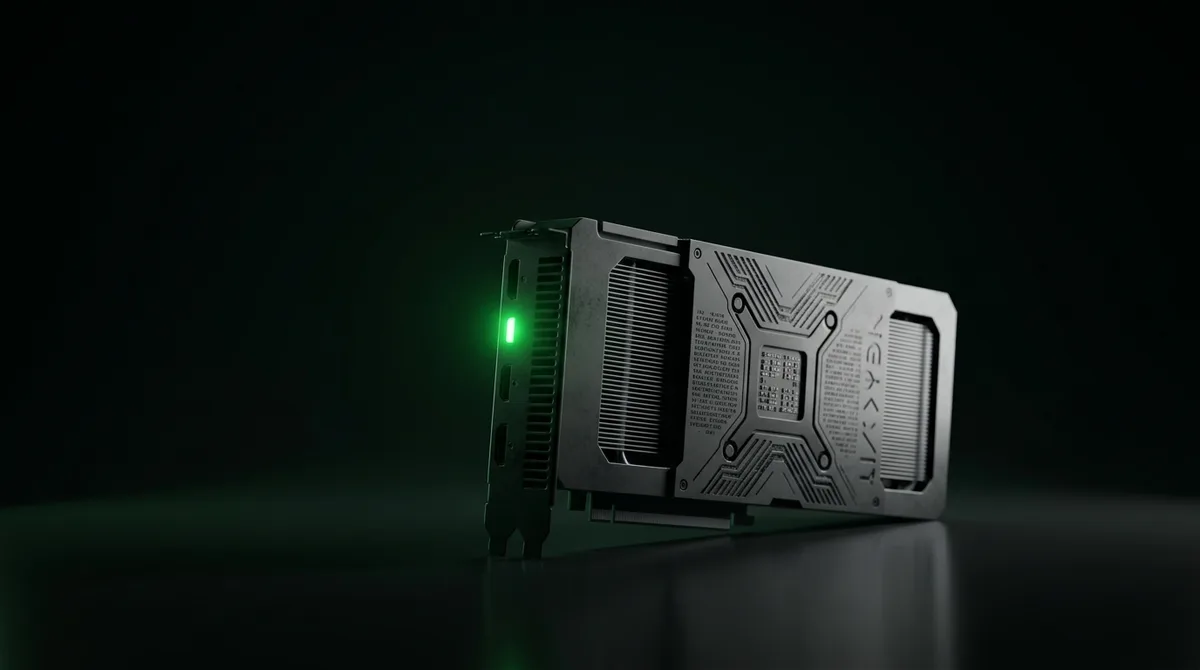 A single matte-black GPU accelerator card on a dark reflective surface, emerald green status LED glowing on the card edge
