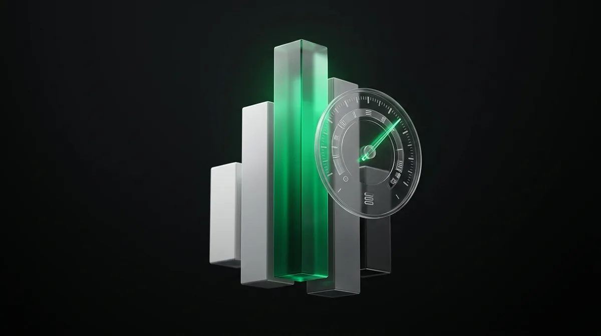 A floating stack of frosted-glass performance bars and a translucent tachometer dial in a dark void, the tallest bar and gauge needle pulsing emerald green