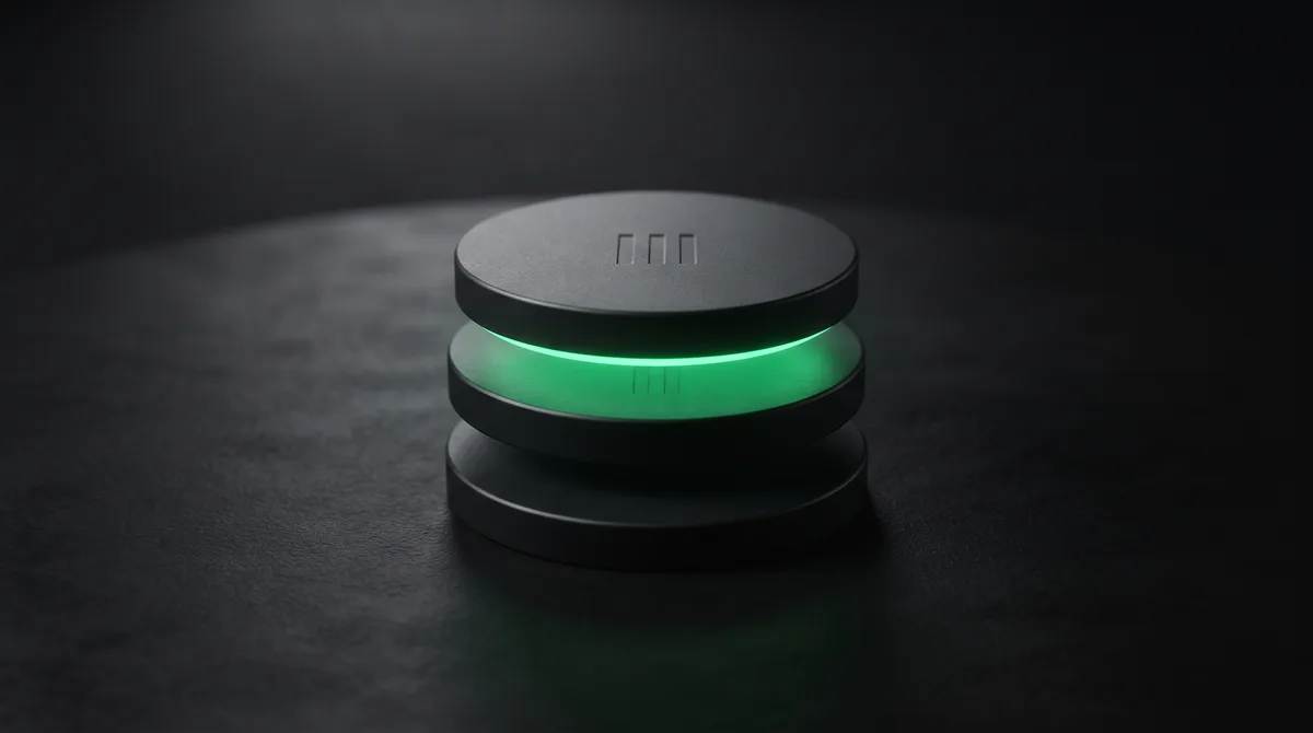 Archetype 2 (abstract macro): Three matte-black stacked discs of increasing height on a dark surface, the tallest disc glowing emerald green, representing Gemini Flash model cost tiers