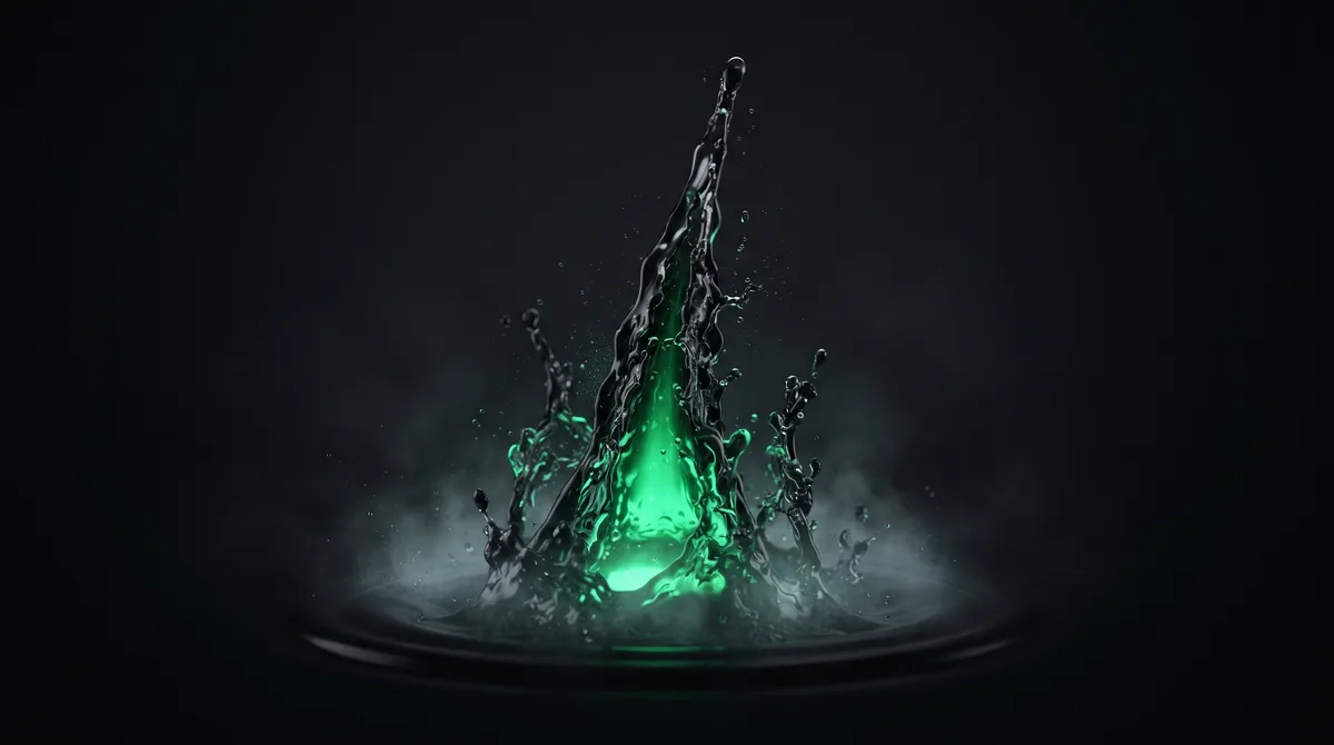 Archetype 4 (liquid physics): A slow-motion frozen splash of dark liquid forming a rising spike with an emerald core pulsing inside, implying a fast, efficient release of work