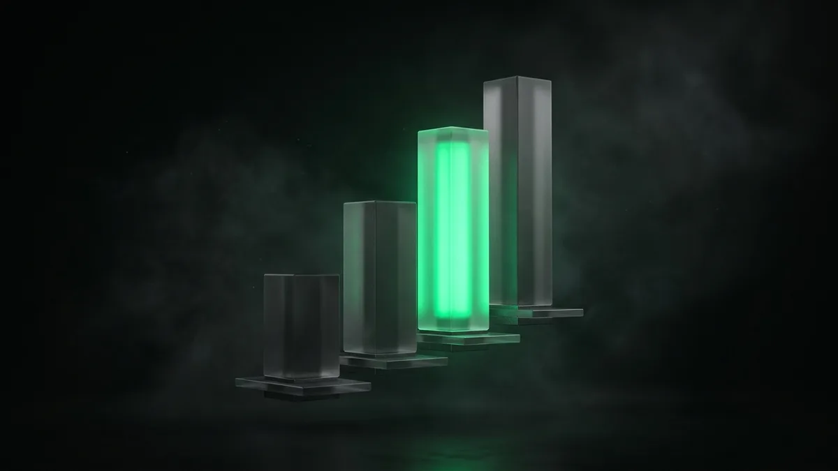 Archetype 6 (floating data sculpture, no hardware): a small floating arrangement of frosted-glass bars and thin slabs of varying heights suspended in a dark void, only one tall frosted-glass bar glowing vivid emerald green #22c55e from within, the others dim grayscale, no desk, no laptop, no text, no people