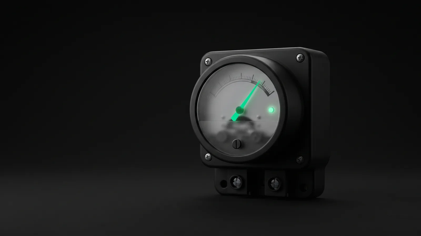Archetype 8 (cinematic product shot): a single matte-black utility-style energy meter with a circular glass dial isolated on a dark seamless backdrop, a single vivid emerald green #22c55e glowing needle and one emerald LED indicator on the dial face, everything else strictly grayscale, deep soft shadows, shallow depth of field, no text, no people