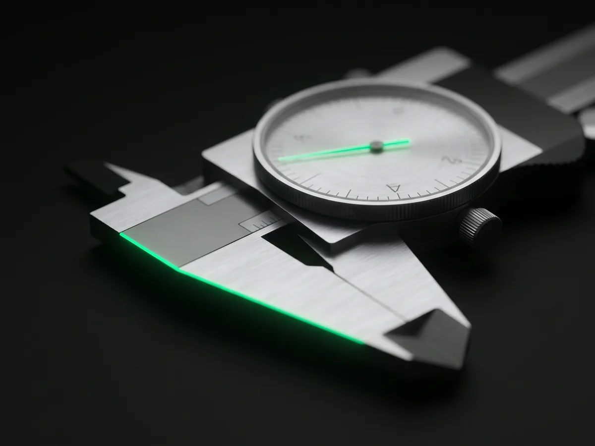 Dark macro of a metal gauge with a single emerald needle arc