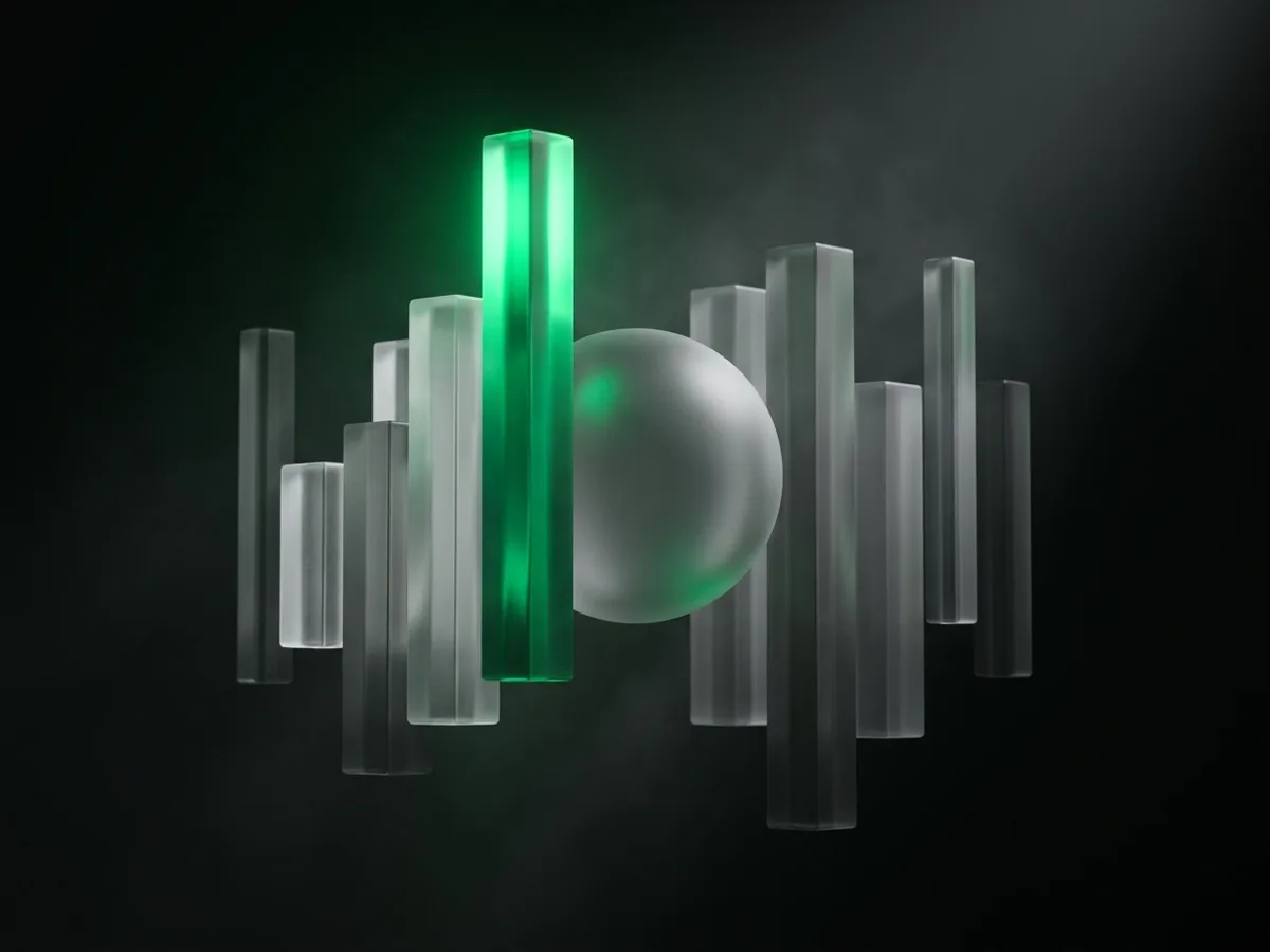 Floating frosted-glass bars in a dark void with an emerald rim light