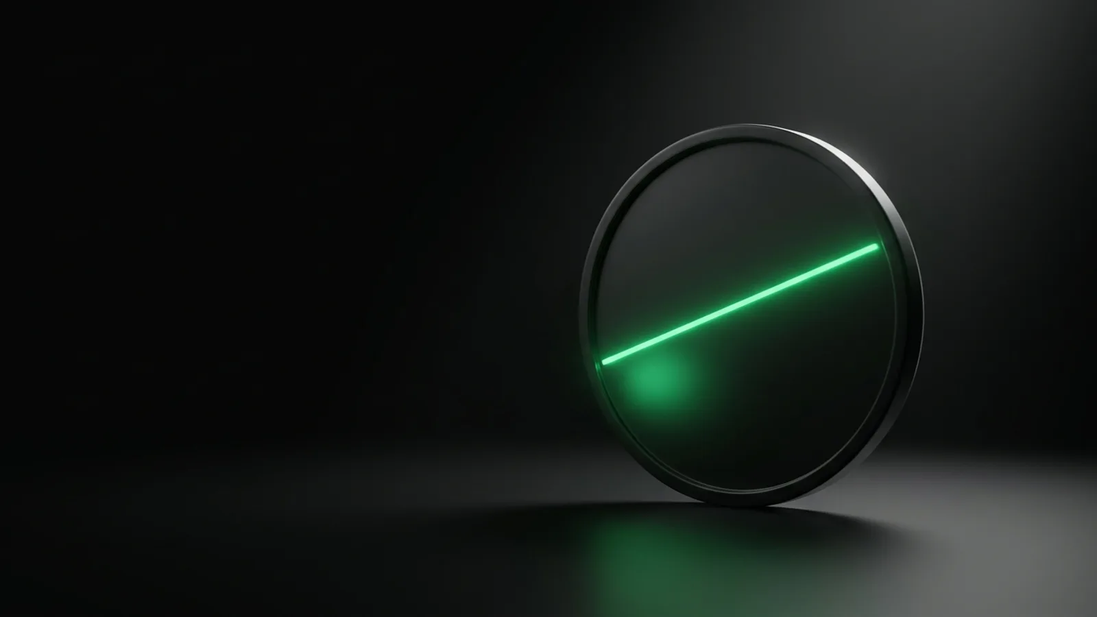 Archetype 8 (cinematic product shot): a single matte-black coin standing on edge on a dark reflective surface, lit like a luxury product ad, vivid emerald green #22c55e light raking across its face from the left with a soft bloom beneath it, everything else grayscale, no text, no people