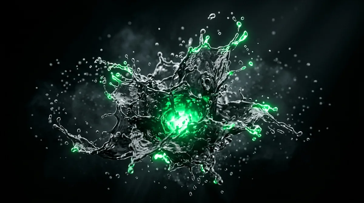 Archetype 4 (liquid physics): slow-motion frozen splash of dark liquid against a black void, a single vivid emerald green #22c55e core lit from below at the impact center, green bloom on the splash tips, volumetric mist, everything else grayscale, no text, no people