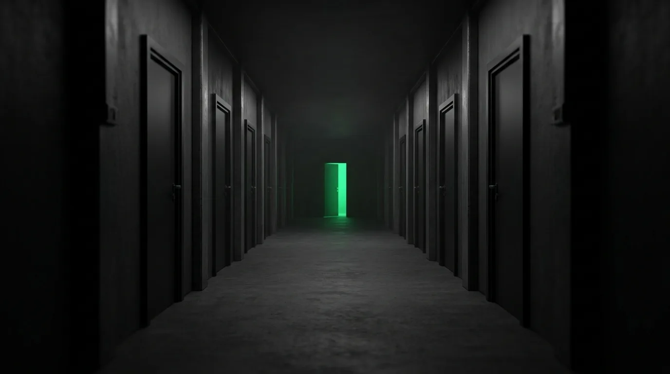 Archetype 7 (vault/tunnel): Looking down a long dark tunnel lined with closed matte-black doors, only one door at the far end is open and glowing emerald green