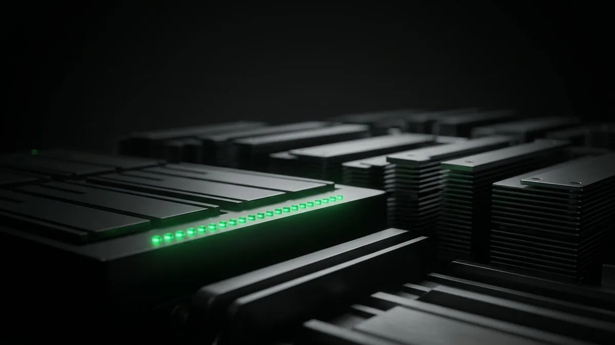 An extreme macro close-up of a matte-black engine manifold and industrial cabling on a dark surface, a single vivid emerald status LED glowing at the hub while the entire mechanism sits in grayscale shadow