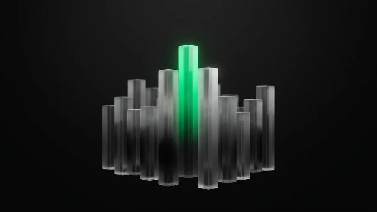 A floating 3D sculpture of frosted-glass blocks and bars of varying heights suspended in a dark void, the single tallest bar glowing vivid emerald from within, everything else grayscale