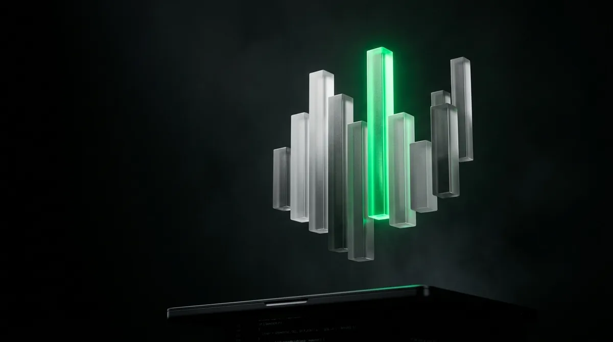 Archetype 6 (floating data sculpture): a floating vertical stack of frosted-glass benchmark bars of varying heights suspended in a dark void, the tallest bar glowing vivid emerald green #22c55e from within, a dim matte-black laptop lid edge in the lower foreground catching thin emerald rim light, everything else grayscale, no text, no people