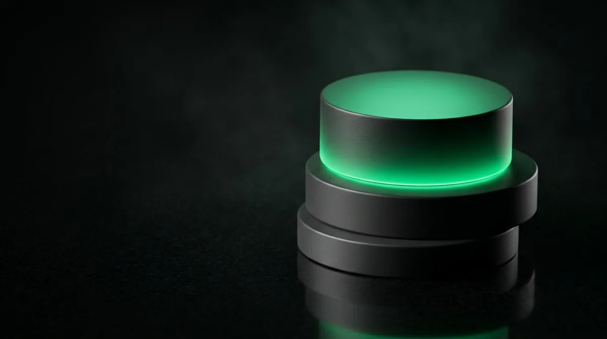Archetype 8 (cinematic product shot): three matte-black stacked discs of increasing height on a dark reflective surface, the tallest disc glowing vivid emerald green #22c55e from beneath with a soft bloom, macro lens, everything else strictly grayscale, no text, no numbers, no people