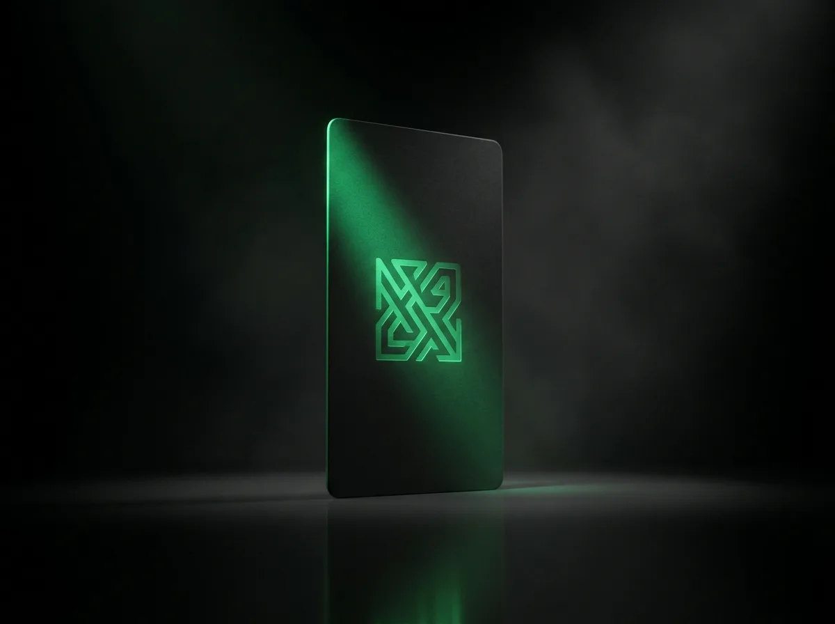 A cinematic product shot of a single matte-black card standing on a dark reflective surface, an emerald glow raking across one edge