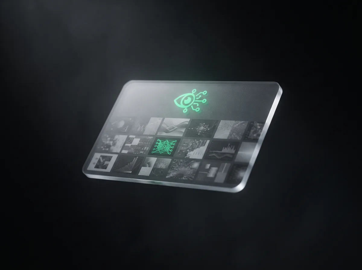 A floating frosted-glass card in a dark void showing abstract image tiles and a stylized vision glyph glowing emerald