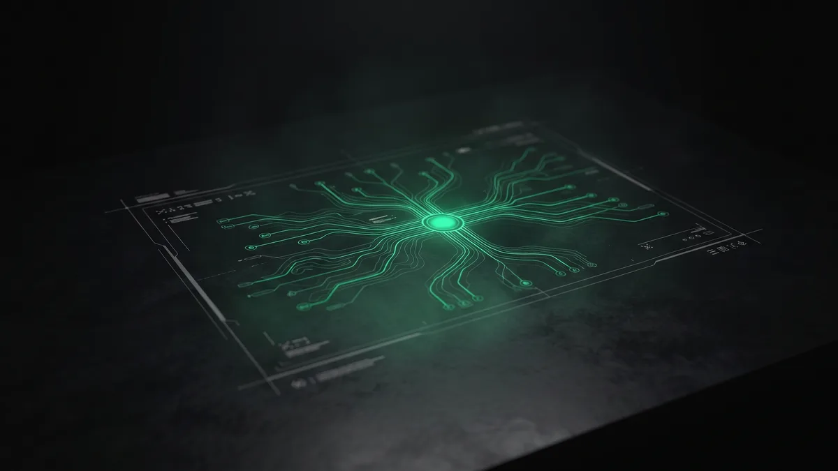 Data lines flowing into a single glowing node