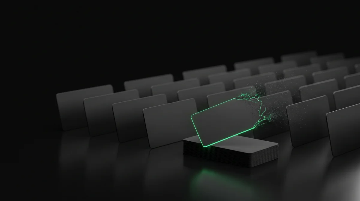 A neat row of matte-black subscription cards where the top card of one stack is tipping away and dissolving, its edge rim-lit emerald, standing for a recurring charge an agent flags for removal