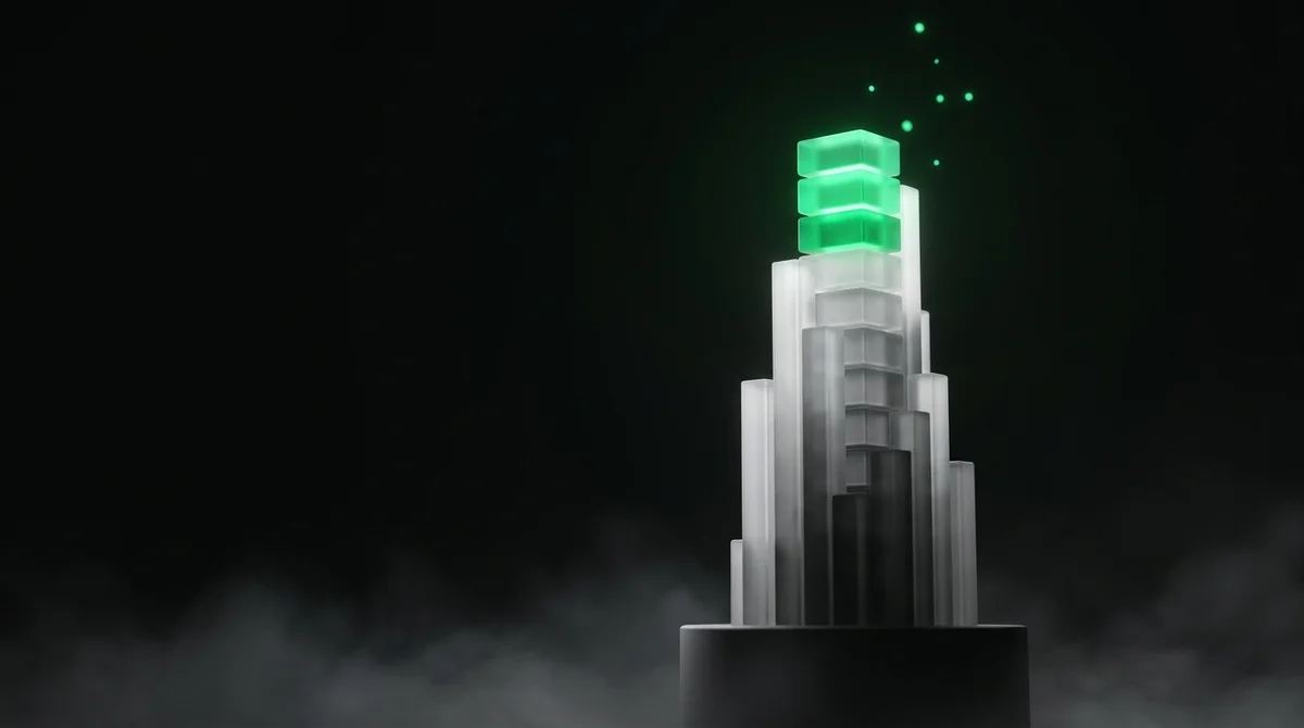 A tall tower of frosted-glass bars rising from a dark plinth with the top segments glowing vivid emerald, the shape of a large weekly free-token allowance