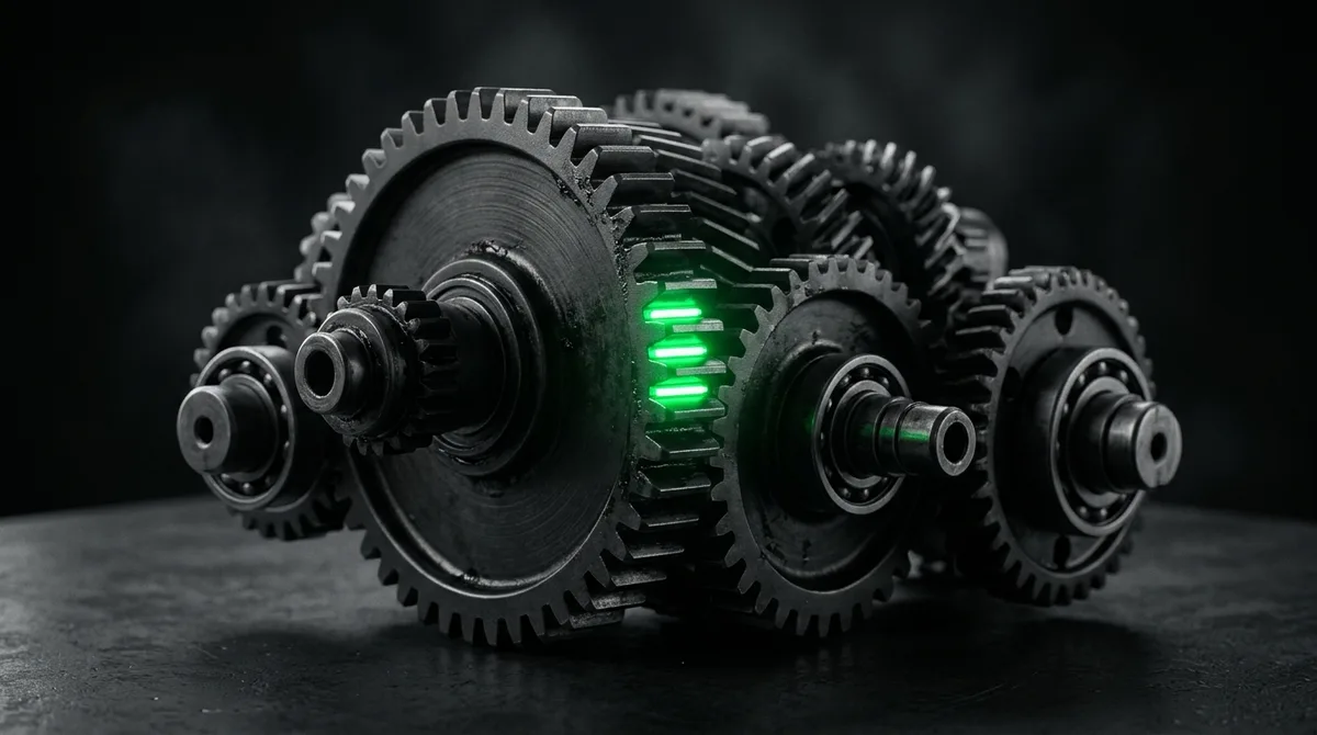 Macro of interlocking matte-black metal gears on a dark surface, three teeth on the largest gear rim-lit by emerald green indicator lights, standing for the many moving parts one agent run consumes